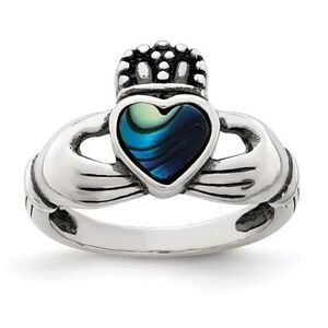 Sterling Silver Antiqued Abalone Inlay and Black Enamel Claddagh Ring